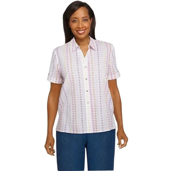 Alfred Dunner Clip Dot Short Sleeve Button Down Shirt Women's Size Small - Picture 1 of 10